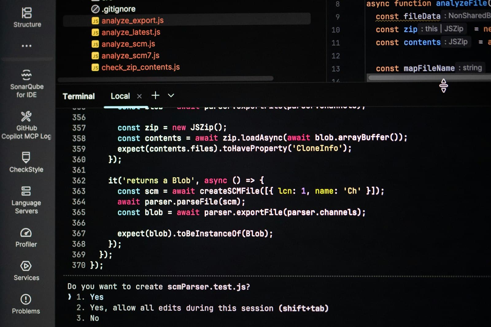 A code editor in dark mode with a Claude Code prompt asking permission to create a test file